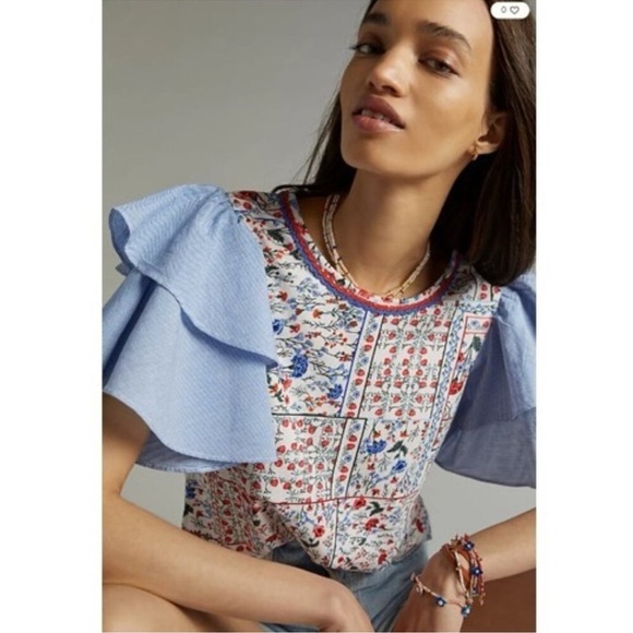 Anthropologie Tops - Anthropologie Let Me Be Floral Chambray Ruffle Flutter Sleeve Tee Blouse‎ Size S